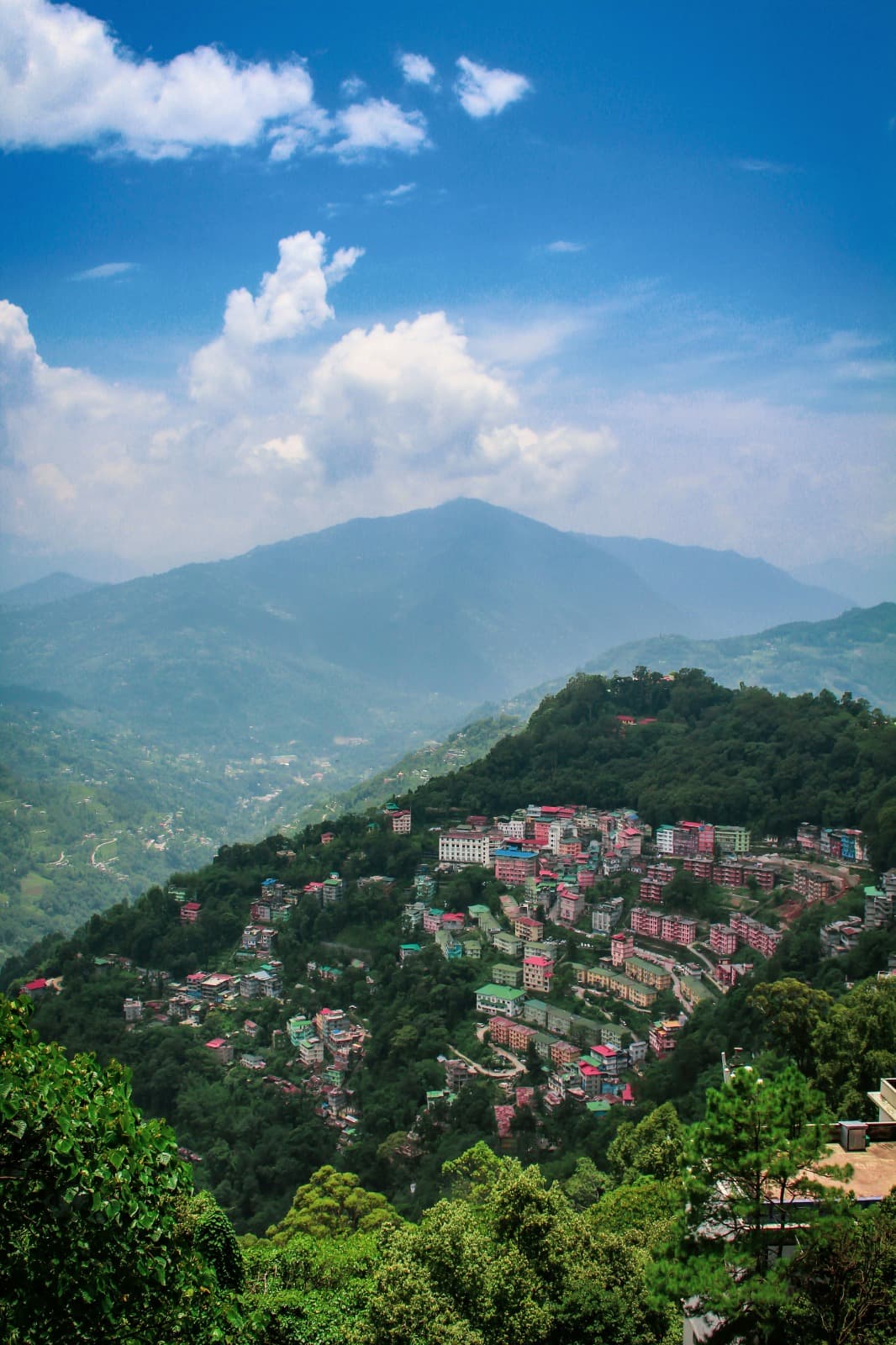 Aerial view of Gangtok city nestled among green Himalayan hills